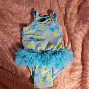 Cat & Jack One Peice Baithing Blue And Lemons Tutu Bottom Snaps Size 6-9M
